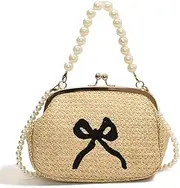 Cute (Bow) Summer Straw Bag with Pearl Chain Strap Beach Shoulder Bag Kiss Lock Vacation Bag Crossbody Bag for Wome