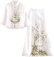 [Mkjuuior] Women's Clothes 2-Piece Retro Embroidered Slim Shirt Top + A-Line Skirt Set