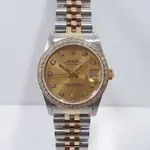 ROLEX 勞力士 68273 DATEJUST 蠔式日誌 中型款 新包台 金色十鑽面盤 後加鑽框 大眾當舖B073