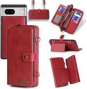 [Yidai-Silu] for Google Pixel 6 Pro Flip Wallet Case【3in1 Design，Zipper Case】 Detachable Magnetic Shoulder Strap Viewing Stand Shockproof Card Holder PU Folio Cover for Google Pixel 6 Pro 6,71" -Red