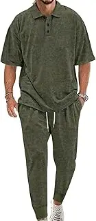 [HanzhuoLG] Men's Tracksuit Set Solid Color Casual Loose Short Sleeve Polo Shirt & Sweatpants Two Piece Set Medium Army Green