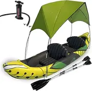 KP Inflatable Kayak 2 Person with Sun Canopy (Detachable) + Kayaks for Adults + Waterproof Phone Bags + Adjustable Seats + 3rd Seat for Dog/Child + Backrests & More + Yellow Green
