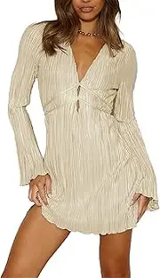 [Generic] Women's Deep V-Neck Bell Sleeve Dress Long Sleeve Short Mini Dress Slim High-Waisted Party Dresses