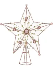 Pink Glittered 3D Star With String Beads & Pearls Tree Topper Decoration - 33cm