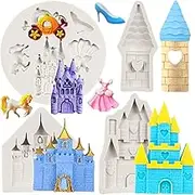 Cinderella Fondant Mold Fairy Tales Castle Pumpkin Carriage Princess Dress Crystal Shoes Silicone Chocolate Candy Mold For Cake Decorating Cupcake Topper Gum Paste Polymer Clay Set of 4