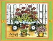 GERANIUM FLOWERS IN WAGON FENCE Wood Mounted Rubber Stamp NORTHWOODS P10000 New