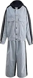 [Generic] Women's Plus Size Hooded Contrasting Splicing Denim Jacket Wide Leg Pants Two-Piece Set Casual Loose Long Sleeved Set With Pockets