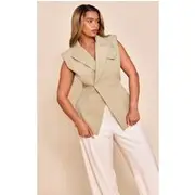 Shape Olive Tailored Asymmetric Cross Over Sleeveless Adjustable Waist Blazer, Olive