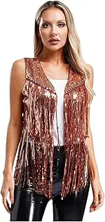 [Riismen] Women's Sequins Tassel Western Cowgirls Vest Open Front Waistcoat 70s Disco Club Party Cardigan Jacket
