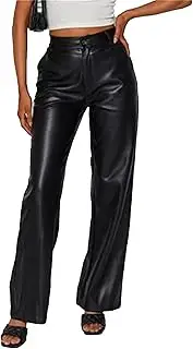 [Generic] Leather Pants for Women High Waist Straight Leg Casual Faux Leather Bell Bottom Flare Pants with Silver Button