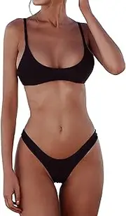 [SherryDC] Women's Solid Scoop Neck Push up Padded Brazilian Thong Bikini Swimsuit