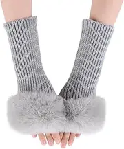 [Lcaiualu] Winter Women Fingerless Gloves Knitted Arm Warmers Hand Mittens ThumbHole Faux Fur Wrist Short Cuff for Women