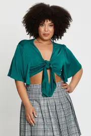 Green Short Flare Sleeve Front Tie Crop Top