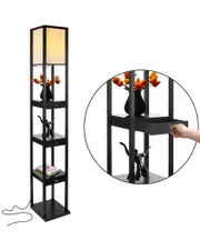 BRIGHTECH Maxwell Black Wood LED Shelf Floor Lamp With Drawers