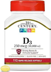 21st Century Vitamin D3 250 mcg (10,000 IU) Rapid Release Softgels, 110 Count