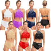 Women's Dance Costumes Glitter Dance Tops with Fringe Briefs Belly Dance Outfits
