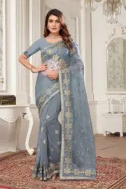 Light Grey Designer Resham Zari Stone Embroidery Work Sari Net Party Wear Saree
