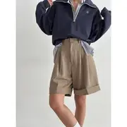 Unisex Mid Waist Plain Dress Shorts Beige - L