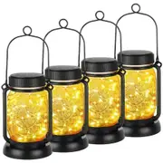 Solar Hanging Mason Jar Lights with Stakes,Outdoor Waterproof Decorative Solar Lantern Table Lamp,Vintage Glass Jar Starry Fairy Light with 30 LEDs for Patio Garden Tree (4 Pack,Warm White)