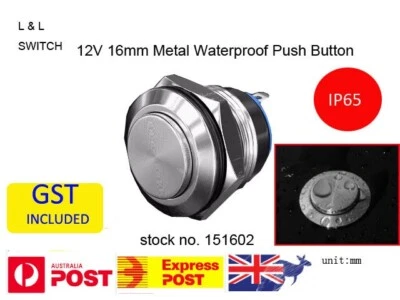 12V 16mm Waterproof Metal Push Button Switch, Mom (ON),Panel Mount,IP65-151602
