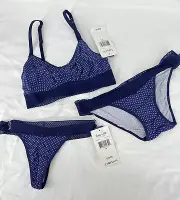 Splendid Womens Blue Pin Dots Non Padded Bra and Thongs Lingerie Set 3 Pieces S