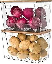 2 Set Potato and Onion Storage Bin, Stackable Clear Fruit and Vegetable Storage, Acrylic Pantry Organizers and Storage with Bamboo Lid for Potato Onion Produce Fruit Vegetable Organizer(Clear, 2 PACK)