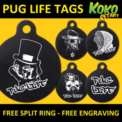 Funny Pug Life Rap Dog Hip Hop R and B Pet Puppy ID Tag Engraved Round Aluminium