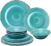 UPware 12 Piece Crackle Melamine Dinnerware Sets, Outdoor Dishes Set, Plates and Bowls Sets, Service for 4, Turquoise