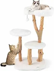 Costway Solid Wood Cat Tree, Modern Wooden Cat Tower w/Perch, Natural Jute Scratching Posts, Dangling Ball, Soft Long Plush,Cat & Kitten Climbing Furniture for Indoor Use