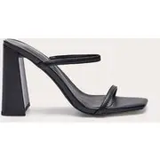 Black Pu Square Toe Double Strap High Block Heel Mules, Black