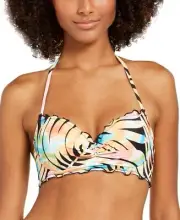 Sundazed Womens Paradise Palm Printed Bra Sized Ruffle Edge Halter Bikini Top