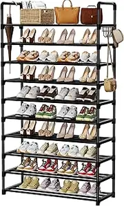 Shoe Rack, 10 Tier Shoe Storage Organizer with Hooks,Fit 40-45 Pairs Shoes,Metal Tall Shoe Shelf for Closet,Entryway, Hallway,Garage,Bedroom,Cloakroom