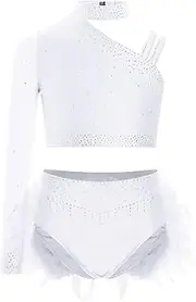 [inhzoy] Kids Girls Rhinestones Dance Outfit Ballet Jazz Crop Top with Feather Briefs Set Performance Costume