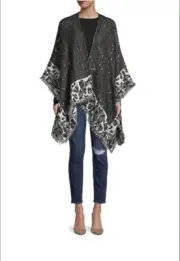 Vince Camuto Women's Shawl Scarf Wrap Sequin Animal Print Poncho Fringe Detail