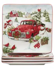 Certified International Red Truck Snowman Set Of 4 Dinner Plates