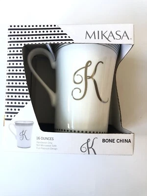 Mikasa Bone China “K” Initial 16 oz White/Silver Letter Mug, Shabby Chic, NIB