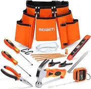 REXBETI 15pcs Young Builder's Tool Set with Real Hand Tools, Reinforced Kids Tool Belt, Waist 20"-32", Perfect Kids Learning Tool Kit for Home DIY and Woodworking