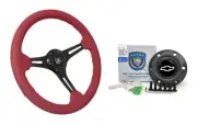 14" Black 6 Hole Slotted Red Leather Steering Wheel w/ Silver Chevy Bowtie Horn
