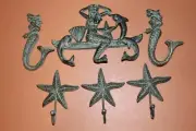 Mermaid Bath Towel Hooks, Bronze Look Cast Iron, Beach Chic 6 items