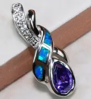 Amethyst & Australian Opal Inlay Topaz 925 Solid Sterling Silver Pendant EO1
