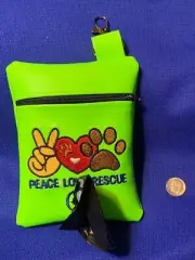 POO Bag Holder dispenser Neon Green PEACE LOVE RESCUE embr zipper swivel clip