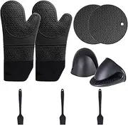 1 Pair Extra Long Oven Mitts and 1 Pair Pot Holders Sets Heat Resistant Silicone Mittens, 2Pair Mini Gloves Hot Pads Potholders 3Pack Silicone Basting Pastry Brushes for Kitchen Baking Cooking,Black