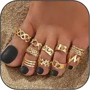 [Roe Dolph] Toe Rings for Women Non Tarnish Gold Plated Toe Rings Waterproof Open Adjustable Stacking Rings Boho Fish Tail Star Flower Wave Lotus Rings Beach Foot Jewelry Set for Teen Girls