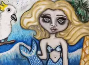 TROPICAL MERMAID with COCKATOO Art 8.5 x 11 Signed Print by Artist KSams Fantasy