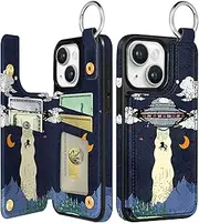 Lotadilo for iPhone 15 Wallet Case with Card Holder, Cute Designer Alien UFO Pattern Kickstand Magnetic Clasp Back Flip Folio Leather Cases for iPhone 15 Phone for Girls Women Men Boys Teens