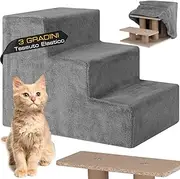 BAKAJI Pet Ladder with 3 Steps and Removable Plush Cover, Ramp for Cats and Elderly Dogs, Ladder with High Density Padding, 45.5 x 36 x 34 cm… (Grey)