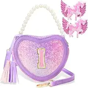 [Luchike] Heart Purse for Little Girls - Kids Toddler Purse Crossbody Bag Princess Handbags Shoulder for Birthday Gifts Age 3-12 I, white purple, I