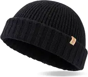 [TOP-EX] XL/XXL 100% Merino Wool Short Fisherman Beanie Hats for Men Women Knit Skull Cap Cuffed Beanies Warm Winter Hats, Black, Medium-Large