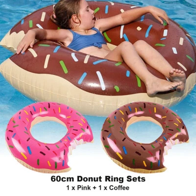 2PCS Coffee+Pink Donut Pool Float Raft 60cm Inflatable Ring Swimming Lounger Kid
