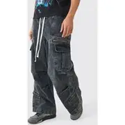 Mens Elastic Waist Acid Wash Parachute Cargo Jeans In Black